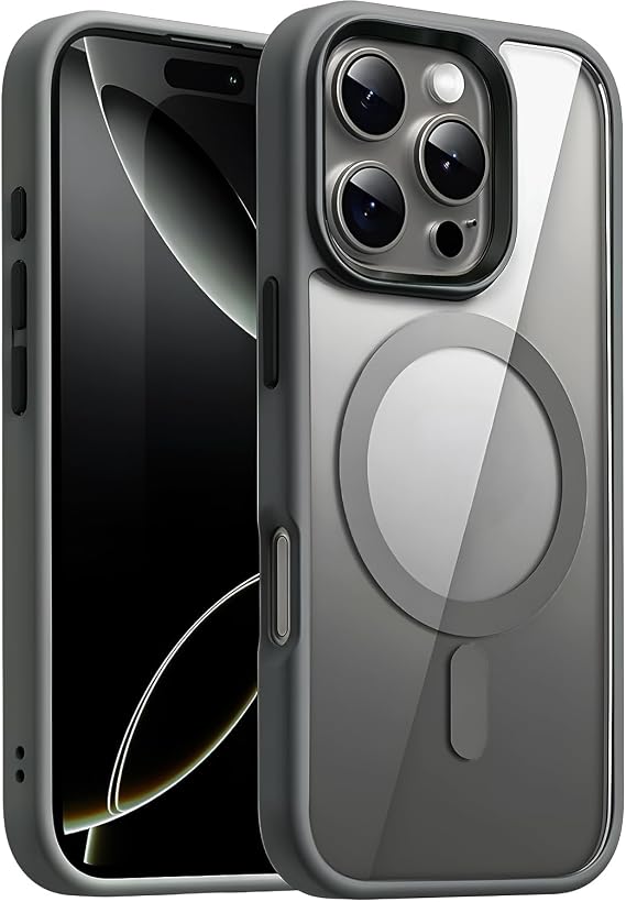 Minesk iPhone 16 Pro Max için SUPER-CRYSTAL Magsafe ile Uyumlu Kılıf Arkası Kristal Berraklığında Cam Görünüm Kenarları Darbe Emici Silikon Hybrid Kılıf (Titanyum Gri, 16 Pro Max)