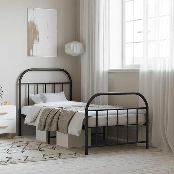 Metal Bed Frame with Headboard and Footboard Black 90x190cm, Robust Steel Construction with Metal Slats and Center Legs for Stability and Support, Includes Underbed Storage