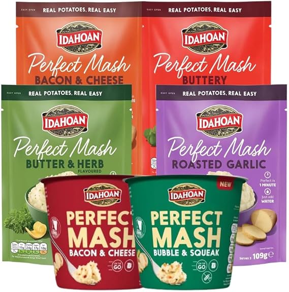 Idahoan Perfect Mash Potatoes Variety Bundle 4 sachets (109g each) & 2 pots (55g each)- Bacon & Cheese, Buttery, Butter & Herb, Roasted Garlic, Bacon & Cheese and Bubble & Squeak