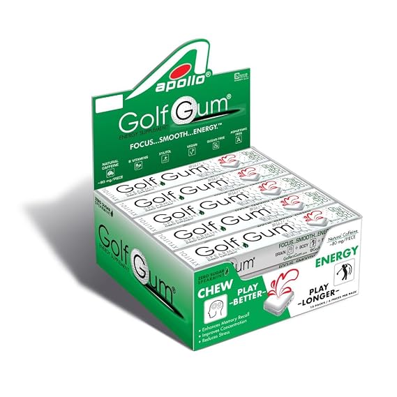 Golf Gum by Liquid Core 80mg of Natural Caffeine - Energy for Golfers - Sugar-Free, Aspartame-Free, Caffeine Gum Enhanced Focus & Better Score - 5 Pieces Per Pack (15 Pack)