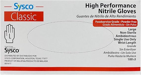 SYSCO HIGH Performance Nitrile Gloves Large Powder Free, Blue, Clear, 100 Count
