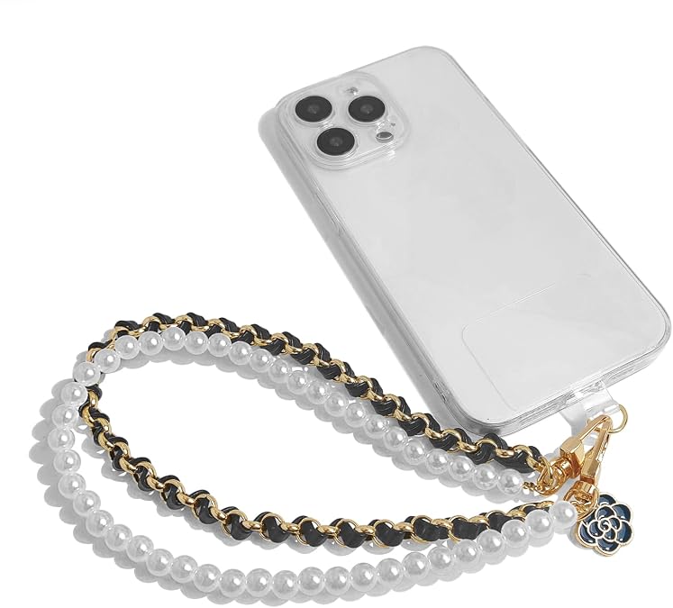 AGEN KGEN Phone Charm Anti Lost Phone Wrist Strap Pearl Beaded Phone Chain Double Chains Hand Wrist Phone Straps for Keychain Phone Wallet Camera