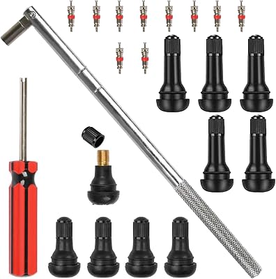 5pcs TR412 5pcs TR413 Valve Stem Puller setup toolkit 1 x Valve Core Remover 1 x Valve Stem Installer 10pcs Snap-in Valve Stems with Valve Stem Cores