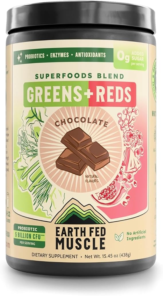 Greens and Reds Superfoods Blend, Chocolate Kale, Spirulina, Wheatgrass & Elderberry Antioxidant Support, Vitamins & Probiotics No Artificial Ingredients 30 Servings