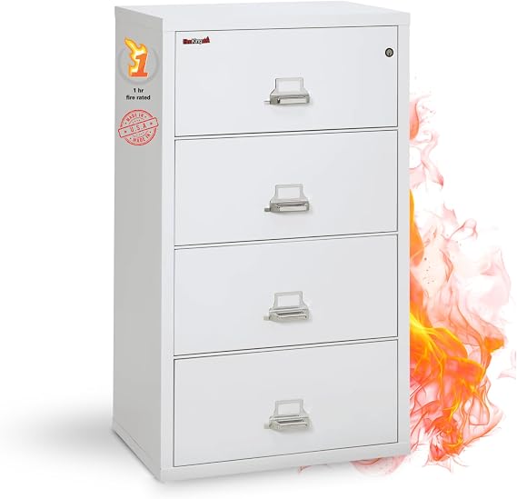 FireKing Fireproof Lateral File Cabinet (4 Drawers, Impact Resistant, Water Resistant), 31" x 22" D, Arctic White, Made in USA