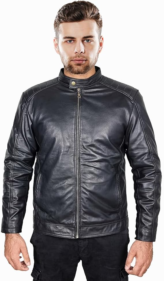 Men's Genuine Leather Motorcycle Jacket Classic Cafe Racer Style - Fashion Biker Leather Jacket for Men