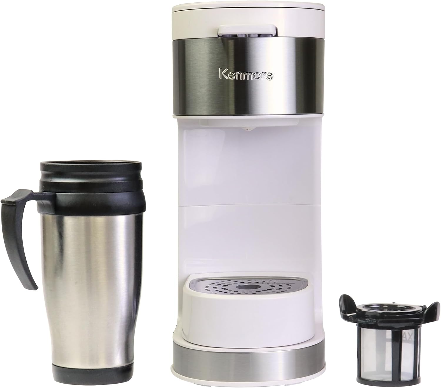 Koolatron Kenmore Single Serve Coffee Maker & Stainless Steel Travel Mug, CapsulePod & Ground Coffee Brewing, K Cup Compatible, Hot & Iced Coffee Machine, 6 to 14 Oz Brew Sizes, Auto Shut-Off, White