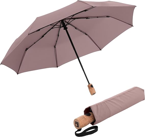 Knirps TIMBER Automatic Umbrella - Auto Open Close Duomatic Folding Rain Protection with German Beechwood Handle, Wind Tunnel Tested Frame, Compact Travel Design