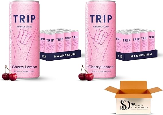 TRIP Cherry Lemon Sparkling Drink 24 x 250ml – 120mg Calming Magnesium with Lion’s Mane, Chamomile & Lemon Balm – Low Calorie, No Added Sugar Vegan Relax Beverage