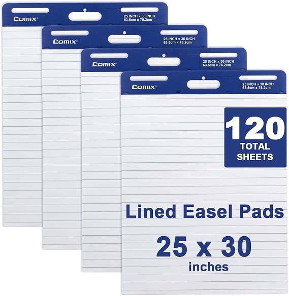 Comix Lined Sticky Easel Pad, 25 x 30 Inches Flip Chart Paper for Teachers, Large Self Stick Easel Paper, 30 Sheets/Pad, 4 Pads/Pack | Super Sticky, Ink Bleed-Through Resistance, Chart Paper for Teacher, Self Stick Easel Paper for Classroom, School, Office