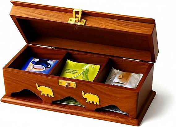 Handcrafted Rosewood Tea Box Organizer with Brass Inlay 3-Compartment Storage Chest for Tea Bags, Spices & Keepsakes Natural Wood Tea Caddy Artisan Kitchen & Gift Item from South Asia