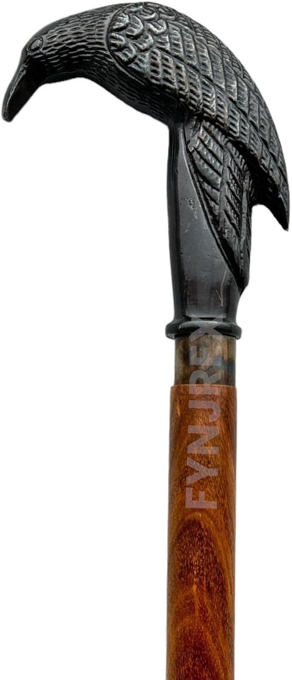 FYNJREX Black Victorian Sitting Crow Raven Steampunk Walking Stick Cane- Black Handle Brown Wooden Walking Cane