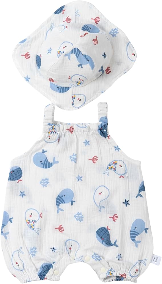 ACESTAR Baby Girls Toddler Sleeveless Muslin Romper One-Piece Halter Jumpsuit with Hat Summer Outfits Overall Infant Wear