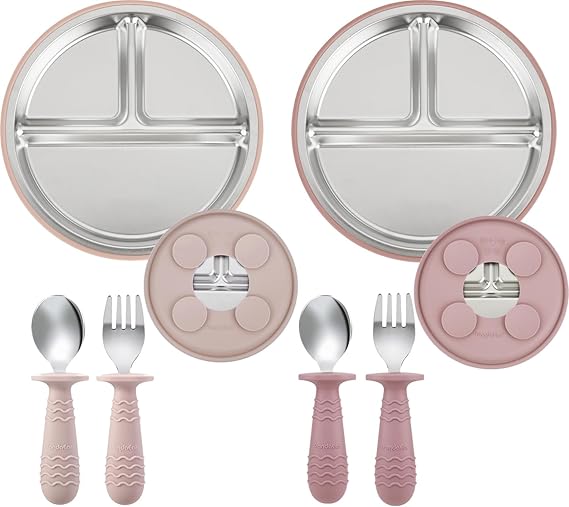PandaEar 2 Pack Stainless Steel Baby Suction Plates & 2 Pack Spoons and Forks Set, Baby Feeding Set for Baby Girls, Divided Plates for Baby Led Weaning Supplies, BPA-Free