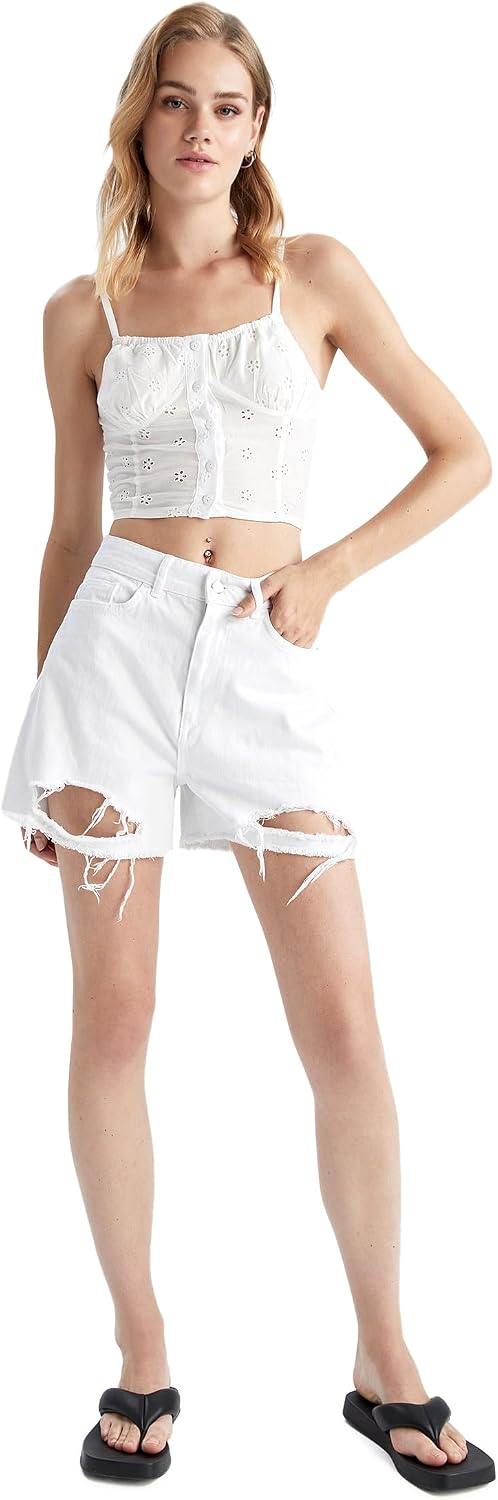 DeFacto Womens Fitted Heart Collar Strap Brode Crop Blouse