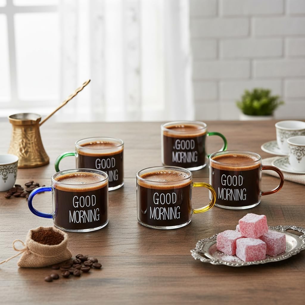 Deconox 6'lı Borosilikat Cam Espresso ve Türk Kahvesi Fincanı Seti (90 ml) - Düz ve Rölyefli Seçenekli Tabaksız Mini Kupa (Düz)