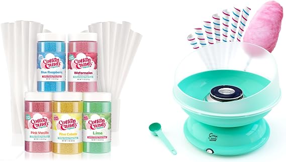 Cotton Candy Express Teal Cotton Candy Machine For Home Use with 5 Flavor Fun Pack Featuring Lime, Blue Raspberry, Pink Vanilla, Watermelon & Pina Colada Floss Sugars