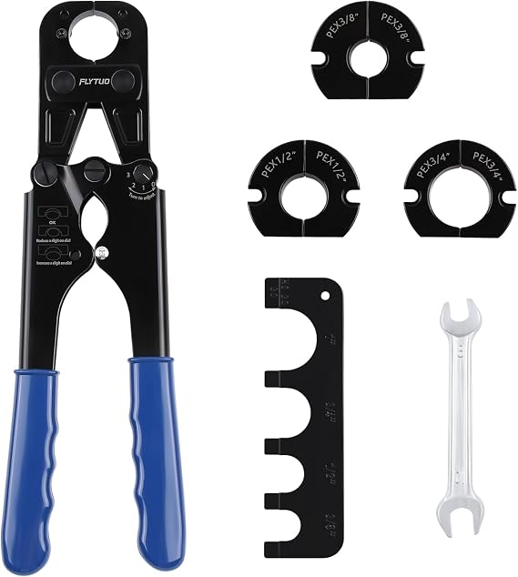 Combo PEX Crimping Tool Set with 1" Fixed Jaw and 3 Interchangeable Jaws in 1/2" 3/4" 3/8" for Copper Crimp Rings(4 Sizes in Total), Includes Go/No-Go Gauge, Complies with ASTM F1807 Standard