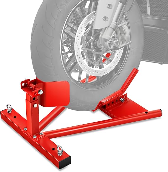 DNA Motoring Motorcycle Wheel Chock, Adjustable Wheel Stand for 15"-22" Wheels, Heavy Duty Front Wheel Stand for Trailer, Shop Garage, 4000Lbs Capacity, Red, TOOLS-00707