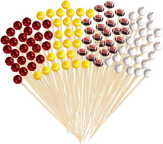 100 Pieces Sport Bamboo Cocktail Picks 4.7 Inch Decorative Sports Ball End Cocktail Skewers,Decorative Toothpicks Skewers for Holiday Birthday Party Decorations