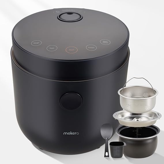 Mokero Low Carb Rice Cooker, 2 Cups Uncooked, 2L Low Sugar Rice Cooker with Stainless Steel Basket, Oatmeal, Soup, Slow Cook & Keep Warm
