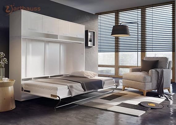 Arthauss Horizontal Hidden Fold Away Pull Out Murphy Wall Bed Storage 120cm White Matt - Hideaway Bed with Efficient Space Utilisation, Ideal for Modern Homes