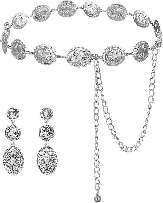Western Belt & Western Earrings Set Metal Concho Belt Oval Vintage Cowgirl Waist Chain Belts