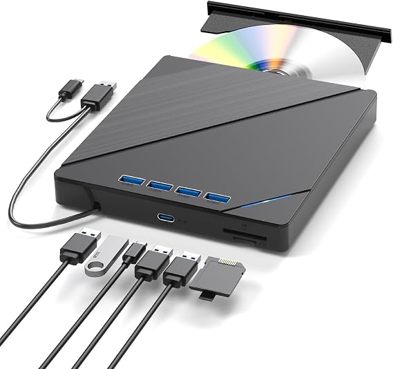 7 in 1External Blu Ray Drive USB 3.0 Type-C, Support 100G BD DVD CD External Blu ray Player, Ultra-Slim Bluray Drive with TF/SD Port, Compatible with Windows XP/7/8/10/11 Mac Laptop Desktop