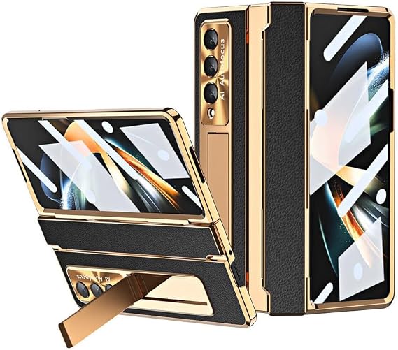 Generic case Compatible with Samsung Galaxy Z Fold 8 (Color : Black plusGold) Shockproof Hinge Leather Plating Hard flip Back case with Front Screen Glass Film