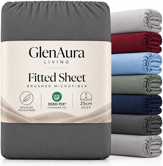 Fitted Sheet Double, Ash Grey - Deep Pocket 25cm - OEKO-TEX Certified - Brushed Microfibre - Bed Sheet, Soft Stretch Fit, Wrinkle Fade & Shrink Resistant