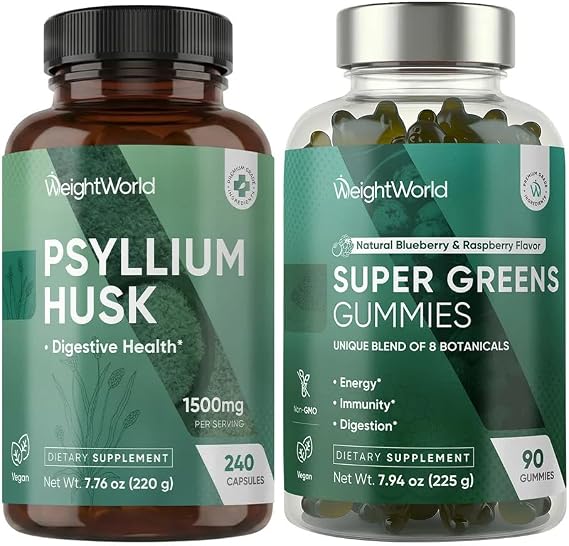 WeightWorld Psyllium Husk Capsules + Super Greens Gummies | Daily Fiber, Energy, Gut Health, Digestion, Regularity & Immune Support | Greens &