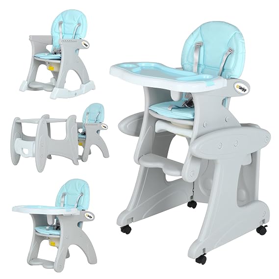 5 in 1 Baby High Chair Dining Chair, Convertible Toddler Table Chair Set, Rocking Chair, Walker, with Lockable Universal Wheels, Adjustable Seat Back, Removable Trays, 5-Point Harness,Blue