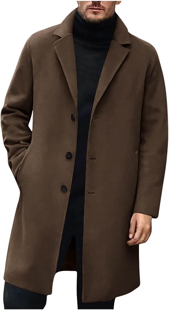 Mens Trench Coat, Long Jackets Men 3/4 Length Coat Windbreaker Men's Winter Pea Coats Jacket Outerwear Mid Length Peacoat Long Sleeve Overcoat Wool Trench Coats Casual Warm Outdoor Tweed Jacket