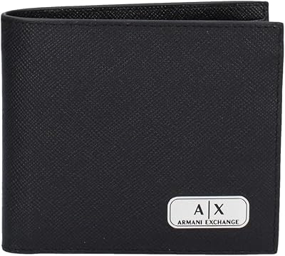 Armani Exchange A|X mens Plate Logo Saffiano Leather Bifold Wallet, Black, Small US