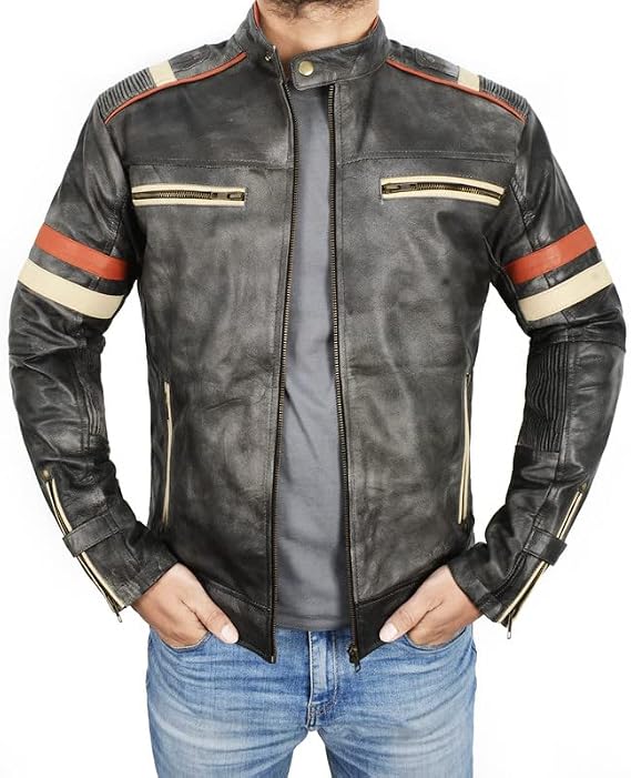 SpazeUp Men's Vintage Cafe Racer Leather Jacket Motorcycle Racing Jackets