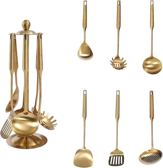 7-Piece Gold Kitchen Utensils Set with Rotating Stand, Food-Grade 304 Stainless Steel Kitchen Cooking Utensils Set Includes Spatula, Slotted Turner, Ladle, Skimmer, Pasta Server, Large Rice Spoon