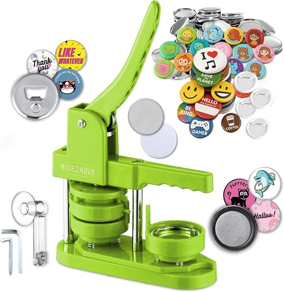 Button Maker Machine 58mm (2.25 Inch) Badge Maker Kit - Single Mold, 100 Badges, 5 Fridge Magnets, 5 Bottle Openers, Cutter, and 500+ Badge Designs for DIY Crafts (Green)