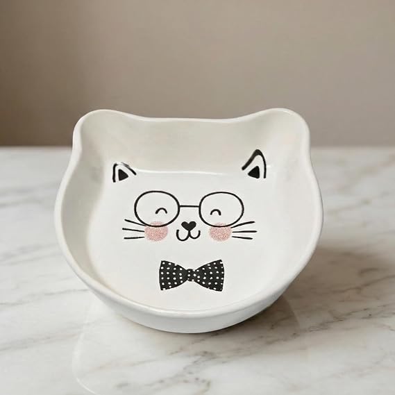 Seramik Kedi Şeklinde Ödül Kabı | Sevimli Evcil Hayvan Mama Kabı | 200 ml Kapasiteli, Yavru Kediler, Yavru Köpekler ve Küçük Evcil Hayvanlar için Dekoratif Kedi Kabı (Papyon)