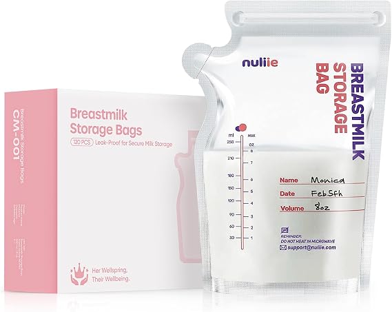 Nuliie 120 Pcs Breastmilk Storage Bags Freezer, 8 OZ Breast Milk Storing Bags, BPA-Free, Milk Storage Bags with Pour Spout for Breastfeeding, Self-Standing Bag, Space Saving Flat Profile