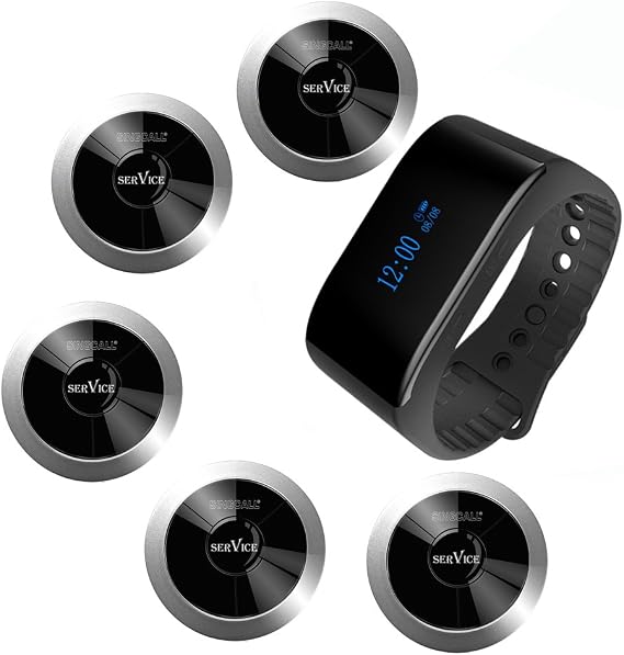SINGCALL Wireless Restaurant Calling System, 5 Pagers & 1 Watch Receiver