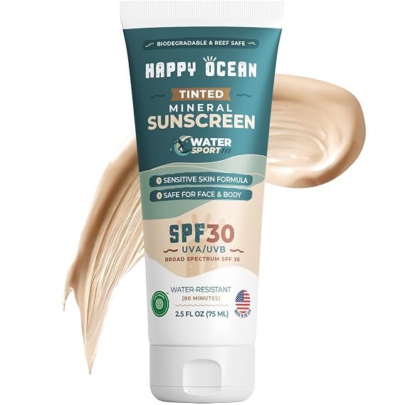 Happy Ocean SPF 30 Reef Safe Tinted Mineral Sunscreen for Face & Body, Natural Biodegradable Sport Sunscreen, Reef Friendly, Travel Size, Non Toxic Organic Mineral Based 2.5 Fl Oz