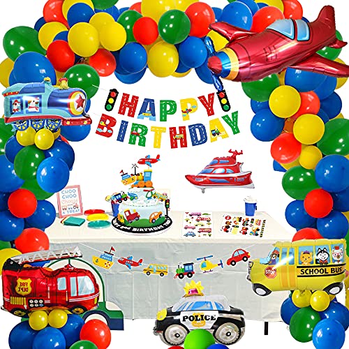 Transportation Party Decorations for Boys, 49PCS Construction Happy Birthday Supplies Vehicle Traffic Theme Baby Shower Red Green Blue Garland Kit for 2nd 1st Car Plane Train Police Balloon Banner
