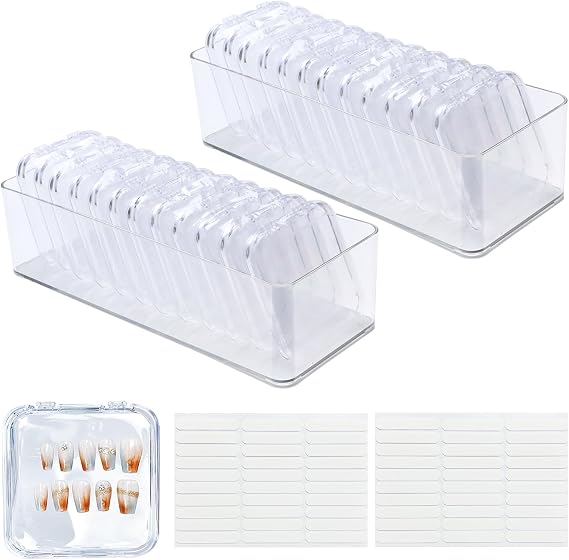 24 Pcs Press on Nail Case, Press on Nail Boxes, Press on Nail Packaging, Nail Box with 2 Large Storage Boxes and 5Pcs Double Sided Tape, Nail Organizers and Storage (Transparent, 3.3x3.3in)