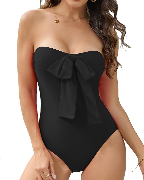 Cromi Women's Bow One Piece Swimsuit Strapless Bandeau Push Up Slimming