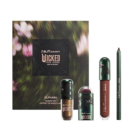 r.e.m. beauty Wicked: For Good | Makeup Set | Waterpoof Eye Shadow, All Over Glow Stick, Creamy Lip Liner, Glossy Lip Balm | 4 Full Size Products