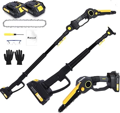 Electric Pole Saw Cordless For Tree Trimming, 4.9-7.5ft Extendable Pole Saw Battery Pole Chainsaw Pruner Min Handheld Chainsaw with Extension Pole & 2 x 2.0Ah Batteries Yellow