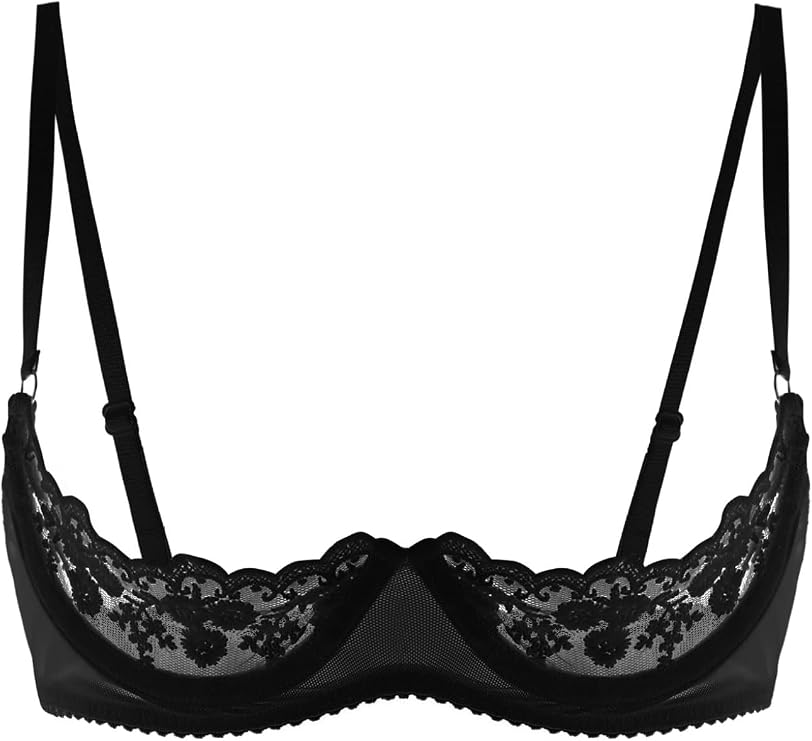 Women's Lace Sheer Lingerie Bras 1/4 Cups Push Up Shelf Unlined Bralette Brassiere Nightwear