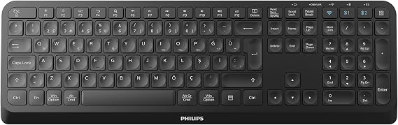 Philips SPK6407 Çift Modlu 2.4GHz Bluetooth 3.0/5.0 Kablosuz Klavye, 111 Tuş Türkçe Q, 3 Cihaza Kadar Bağlantı, Tam Boyutlu, Numerik Tuş Takımlı, Siyah