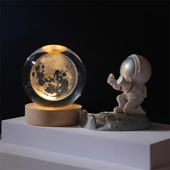 3D Crystal Ball,LED Night Light Solar System Crystal Ball with Wooden Base Galaxy Night Lights for Teens Boys and Girls Decorative Model (Moon,Medium)