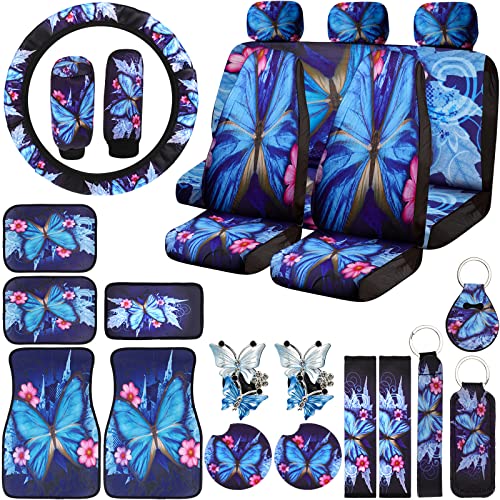 Frienda 24 Pcs Butterfly Car Accessories Butterfly Car Seat Covers Full Set Car Floor Mats Steering Wheel Cover Seat Belt Pads Center Console Pad Cup Holders for Women